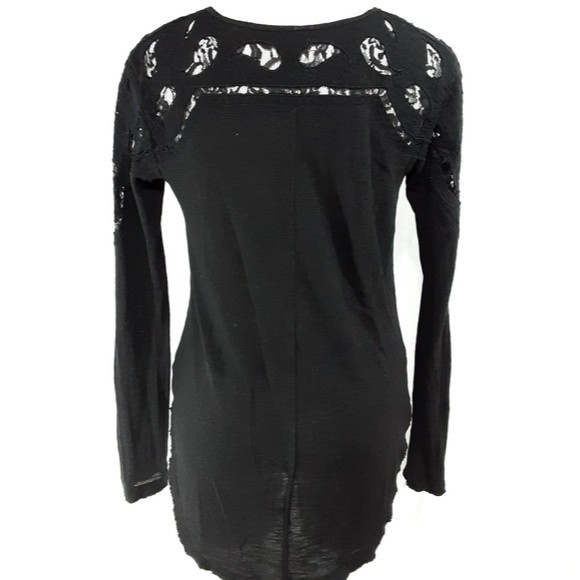 Free People Jennie Tee Black Crochet Trim Lace Up Long Sleeve Top Small Boho - Picture 7 of 10